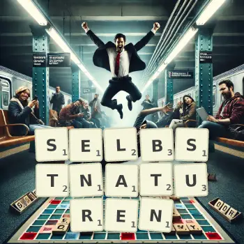 Kreative Illustration für ein Scrabble-Spiel, bei dem das Wort SELBSTNATUREN mit Steinen auf dem Brett gelegt wurde.