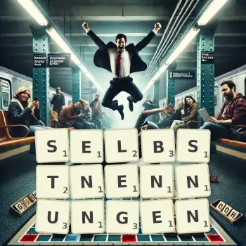 Kreative Illustration für ein Scrabble-Spiel, bei dem das Wort SELBSTNENNUNGEN mit Steinen auf dem Brett gelegt wurde.