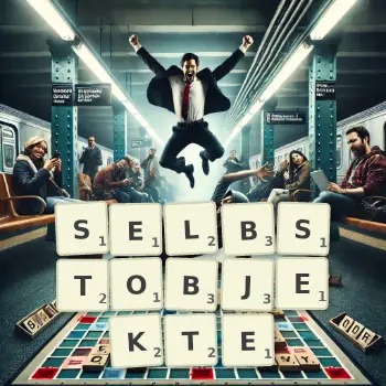 Kreative Illustration für ein Scrabble-Spiel, bei dem das Wort SELBSTOBJEKTE mit Steinen auf dem Brett gelegt wurde.