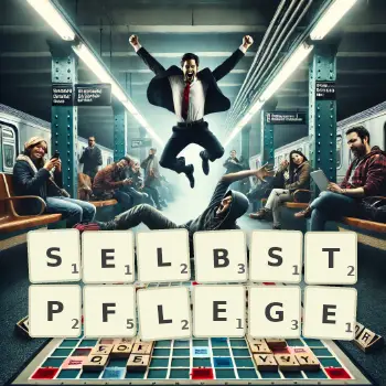 Kreative Illustration für ein Scrabble-Spiel, bei dem das Wort SELBSTPFLEGE mit Steinen auf dem Brett gelegt wurde.