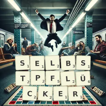 Kreative Illustration für ein Scrabble-Spiel, bei dem das Wort SELBSTPFLÜCKER mit Steinen auf dem Brett gelegt wurde.