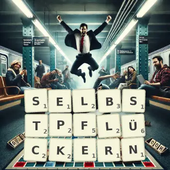 Kreative Illustration für ein Scrabble-Spiel, bei dem das Wort SELBSTPFLÜCKERN mit Steinen auf dem Brett gelegt wurde.