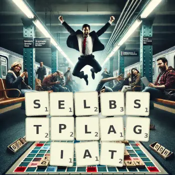 Kreative Illustration für ein Scrabble-Spiel, bei dem das Wort SELBSTPLAGIAT mit Steinen auf dem Brett gelegt wurde.