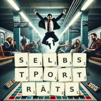 Kreative Illustration für ein Scrabble-Spiel, bei dem das Wort SELBSTPORTRÄTS mit Steinen auf dem Brett gelegt wurde.