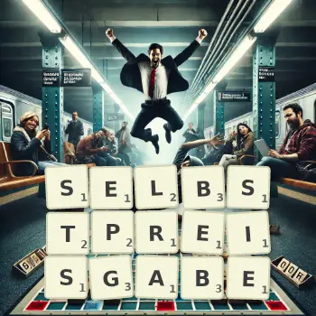 Kreative Illustration für ein Scrabble-Spiel, bei dem das Wort SELBSTPREISGABE mit Steinen auf dem Brett gelegt wurde.