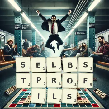 Kreative Illustration für ein Scrabble-Spiel, bei dem das Wort SELBSTPROFILS mit Steinen auf dem Brett gelegt wurde.