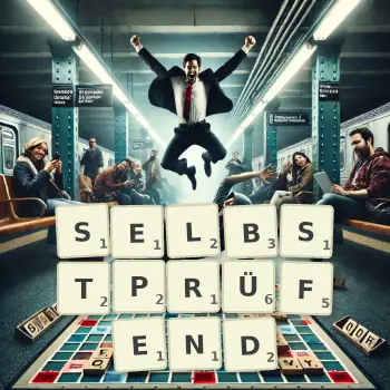 Kreative Illustration für ein Scrabble-Spiel, bei dem das Wort SELBSTPRÜFEND mit Steinen auf dem Brett gelegt wurde.