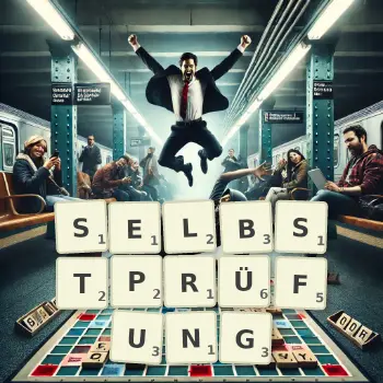 Kreative Illustration für ein Scrabble-Spiel, bei dem das Wort SELBSTPRÜFUNG mit Steinen auf dem Brett gelegt wurde.