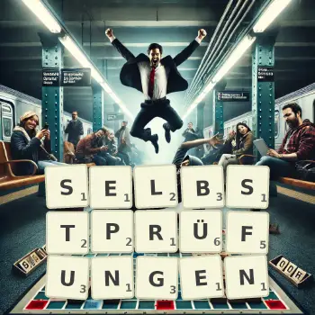 Kreative Illustration für ein Scrabble-Spiel, bei dem das Wort SELBSTPRÜFUNGEN mit Steinen auf dem Brett gelegt wurde.