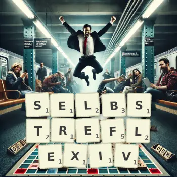 Kreative Illustration für ein Scrabble-Spiel, bei dem das Wort SELBSTREFLEXIV mit Steinen auf dem Brett gelegt wurde.