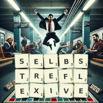 Kreative Illustration für ein Scrabble-Spiel, bei dem das Wort SELBSTREFLEXIVE mit Steinen auf dem Brett gelegt wurde.