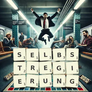 Kreative Illustration für ein Scrabble-Spiel, bei dem das Wort SELBSTREGIERUNG mit Steinen auf dem Brett gelegt wurde.