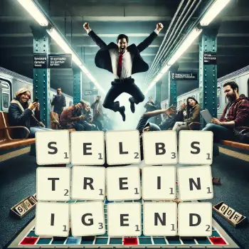 Kreative Illustration für ein Scrabble-Spiel, bei dem das Wort SELBSTREINIGEND mit Steinen auf dem Brett gelegt wurde.