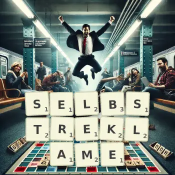 Kreative Illustration für ein Scrabble-Spiel, bei dem das Wort SELBSTREKLAME mit Steinen auf dem Brett gelegt wurde.