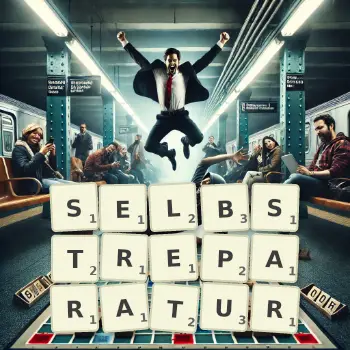 Kreative Illustration für ein Scrabble-Spiel, bei dem das Wort SELBSTREPARATUR mit Steinen auf dem Brett gelegt wurde.