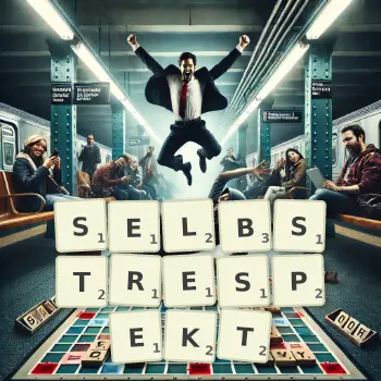 Kreative Illustration für ein Scrabble-Spiel, bei dem das Wort SELBSTRESPEKT mit Steinen auf dem Brett gelegt wurde.