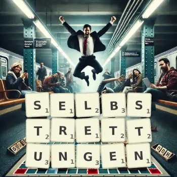 Kreative Illustration für ein Scrabble-Spiel, bei dem das Wort SELBSTRETTUNGEN mit Steinen auf dem Brett gelegt wurde.