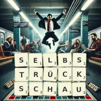 Kreative Illustration für ein Scrabble-Spiel, bei dem das Wort SELBSTRÜCKSCHAU mit Steinen auf dem Brett gelegt wurde.