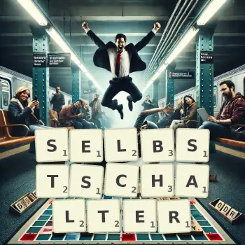 Kreative Illustration für ein Scrabble-Spiel, bei dem das Wort SELBSTSCHALTER mit Steinen auf dem Brett gelegt wurde.