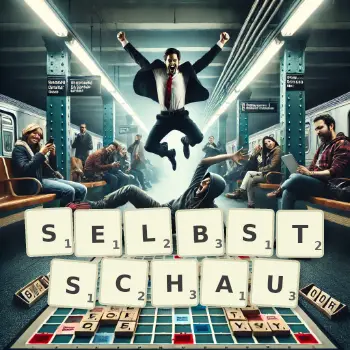 Kreative Illustration für ein Scrabble-Spiel, bei dem das Wort SELBSTSCHAU mit Steinen auf dem Brett gelegt wurde.