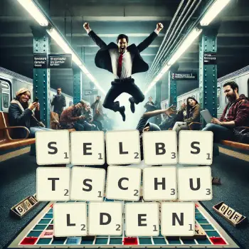 Kreative Illustration für ein Scrabble-Spiel, bei dem das Wort SELBSTSCHULDEN mit Steinen auf dem Brett gelegt wurde.