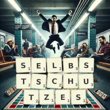 Kreative Illustration für ein Scrabble-Spiel, bei dem das Wort SELBSTSCHUTZES mit Steinen auf dem Brett gelegt wurde.