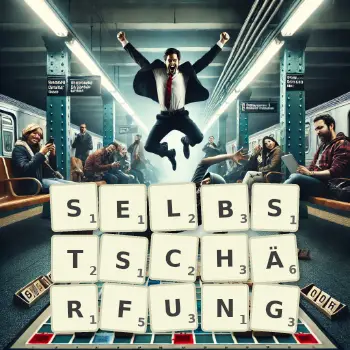 Kreative Illustration für ein Scrabble-Spiel, bei dem das Wort SELBSTSCHÄRFUNG mit Steinen auf dem Brett gelegt wurde.