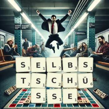 Kreative Illustration für ein Scrabble-Spiel, bei dem das Wort SELBSTSCHÜSSE mit Steinen auf dem Brett gelegt wurde.