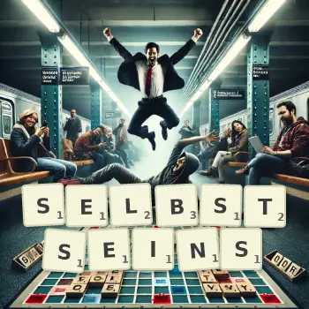 Kreative Illustration für ein Scrabble-Spiel, bei dem das Wort SELBSTSEINS mit Steinen auf dem Brett gelegt wurde.