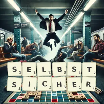 Kreative Illustration für ein Scrabble-Spiel, bei dem das Wort SELBSTSICHER mit Steinen auf dem Brett gelegt wurde.