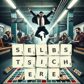 Kreative Illustration für ein Scrabble-Spiel, bei dem das Wort SELBSTSICHERE mit Steinen auf dem Brett gelegt wurde.