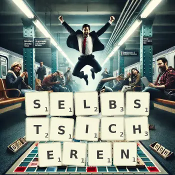 Kreative Illustration für ein Scrabble-Spiel, bei dem das Wort SELBSTSICHEREN mit Steinen auf dem Brett gelegt wurde.