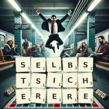 Kreative Illustration für ein Scrabble-Spiel, bei dem das Wort SELBSTSICHERERE mit Steinen auf dem Brett gelegt wurde.