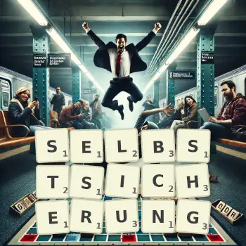 Kreative Illustration für ein Scrabble-Spiel, bei dem das Wort SELBSTSICHERUNG mit Steinen auf dem Brett gelegt wurde.