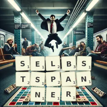 Kreative Illustration für ein Scrabble-Spiel, bei dem das Wort SELBSTSPANNER mit Steinen auf dem Brett gelegt wurde.