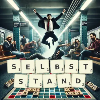 Kreative Illustration für ein Scrabble-Spiel, bei dem das Wort SELBSTSTAND mit Steinen auf dem Brett gelegt wurde.