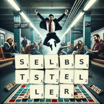 Kreative Illustration für ein Scrabble-Spiel, bei dem das Wort SELBSTSTELLER mit Steinen auf dem Brett gelegt wurde.