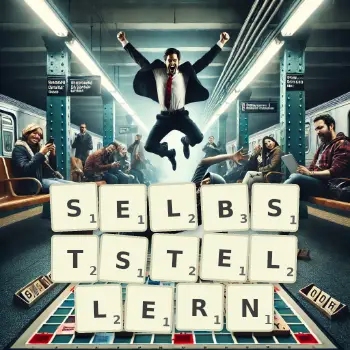 Kreative Illustration für ein Scrabble-Spiel, bei dem das Wort SELBSTSTELLERN mit Steinen auf dem Brett gelegt wurde.
