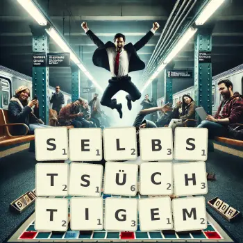 Kreative Illustration für ein Scrabble-Spiel, bei dem das Wort SELBSTSÜCHTIGEM mit Steinen auf dem Brett gelegt wurde.