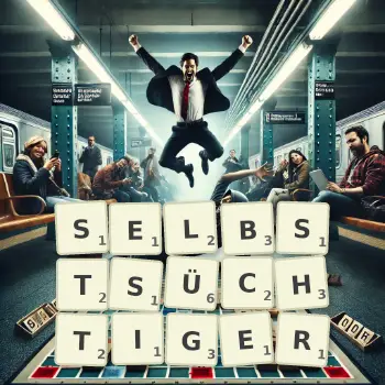 Kreative Illustration für ein Scrabble-Spiel, bei dem das Wort SELBSTSÜCHTIGER mit Steinen auf dem Brett gelegt wurde.