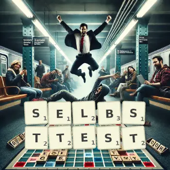 Kreative Illustration für ein Scrabble-Spiel, bei dem das Wort SELBSTTEST mit Steinen auf dem Brett gelegt wurde.