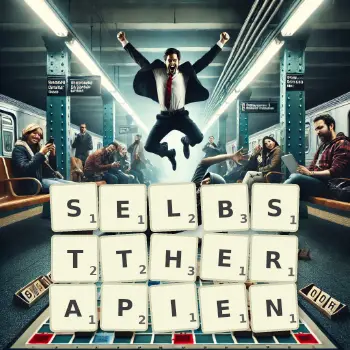 Kreative Illustration für ein Scrabble-Spiel, bei dem das Wort SELBSTTHERAPIEN mit Steinen auf dem Brett gelegt wurde.