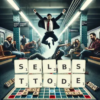 Kreative Illustration für ein Scrabble-Spiel, bei dem das Wort SELBSTTODE mit Steinen auf dem Brett gelegt wurde.