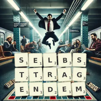 Kreative Illustration für ein Scrabble-Spiel, bei dem das Wort SELBSTTRAGENDEM mit Steinen auf dem Brett gelegt wurde.