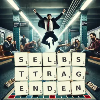 Kreative Illustration für ein Scrabble-Spiel, bei dem das Wort SELBSTTRAGENDEN mit Steinen auf dem Brett gelegt wurde.