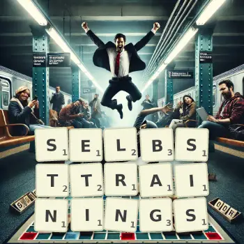 Kreative Illustration für ein Scrabble-Spiel, bei dem das Wort SELBSTTRAININGS mit Steinen auf dem Brett gelegt wurde.