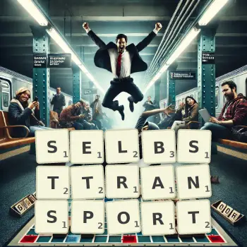Kreative Illustration für ein Scrabble-Spiel, bei dem das Wort SELBSTTRANSPORT mit Steinen auf dem Brett gelegt wurde.