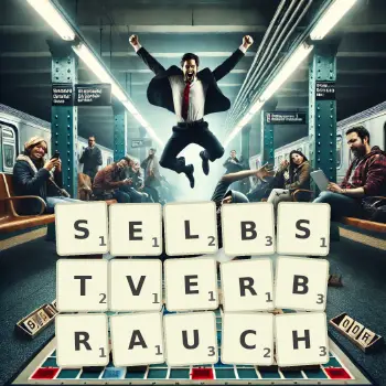 Kreative Illustration für ein Scrabble-Spiel, bei dem das Wort SELBSTVERBRAUCH mit Steinen auf dem Brett gelegt wurde.