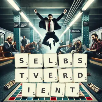 Kreative Illustration für ein Scrabble-Spiel, bei dem das Wort SELBSTVERDIENT mit Steinen auf dem Brett gelegt wurde.