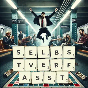 Kreative Illustration für ein Scrabble-Spiel, bei dem das Wort SELBSTVERFASST mit Steinen auf dem Brett gelegt wurde.